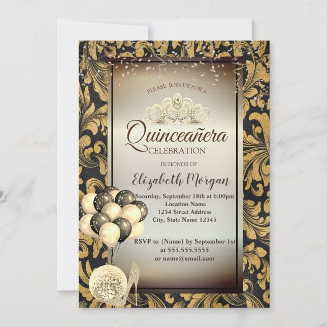 Alte Gold-Wirbel, Balloons, Heels, Tiara Quinceañe Einladung (Vorderseite)