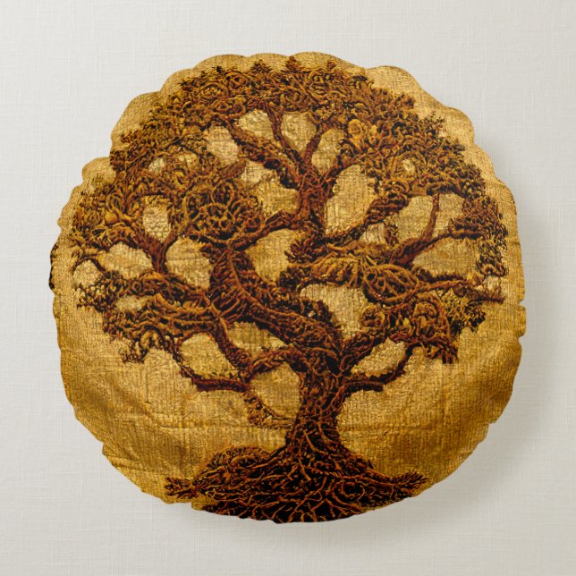 Alte Goldbraun Rustikaler Tree von LIfe von Kedoki Rundes Kissen (Vorderseite)