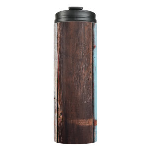 Alte graue Holztapete, schwarz, leer, Thermosbecher