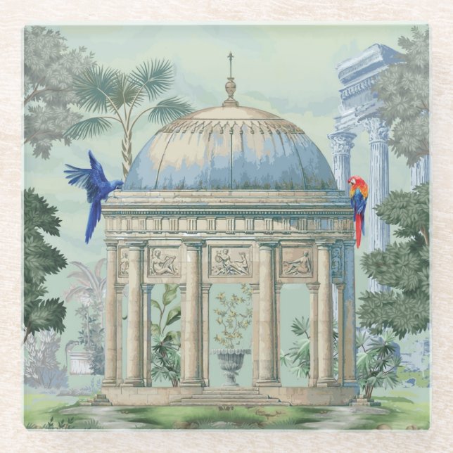 Alte griechische Temple Garden Macaw Bird Pixie Gr Glasuntersetzer (Vorderseite)