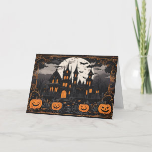 Alte Halloween-Geisterhaus und Kürbisse Feiertagskarte