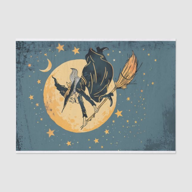 Alte Hexe, die über den Mond fliegt Seidenpapier (Vorderseite)