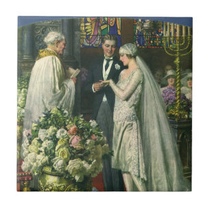 Alte Hochzeit, Braut und Bräutigam mit Menora Fliese