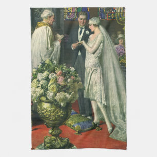Alte Hochzeit, Braut und Bräutigam mit Menora Geschirrtuch