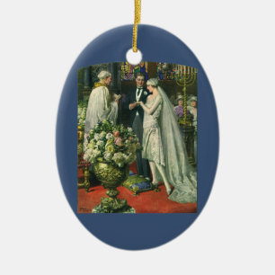 Alte Hochzeit, Braut und Bräutigam mit Menora Keramik Ornament