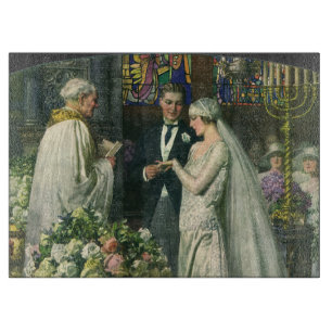 Alte Hochzeit, Braut und Bräutigam mit Menora Schneidebrett