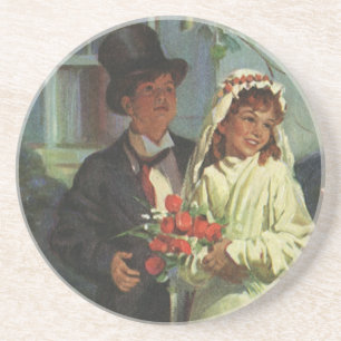 Alte Hochzeit, Kinder spielen Braut und Bräutigam Sandstein Untersetzer