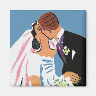 Alte Hochzeit, Retro-Braut und Bräutigam beim Küss Magnet