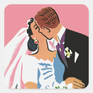 Alte Hochzeit, Retro-Braut und Bräutigam beim Küss Quadratischer Aufkleber
