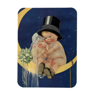 Alte Hochzeit, süßes Brautpaar auf einem Mond Magnet