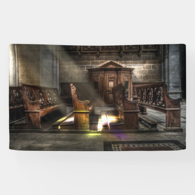 Alte hölzerne Kirchen-Bank mit Kneeler Banner (Horizontal)
