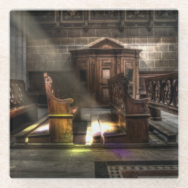 Alte Holzkirchenbank mit Kneeler Glasuntersetzer (Vorderseite)