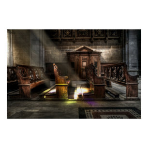 Alte Holzkirchenbank mit Kneeler Poster