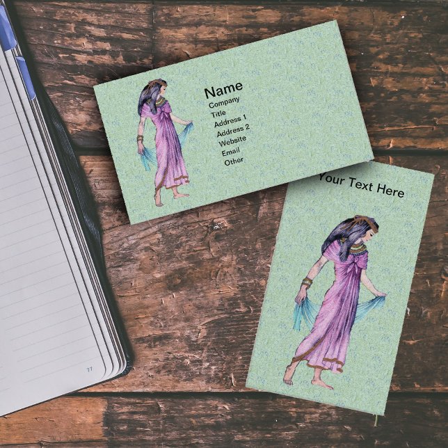 Alte Hübsche ägyptische Lady Princess in Lila Visitenkarte (Ancient Egyptian woman pink dress blue scarf on green with blue business cards.)
