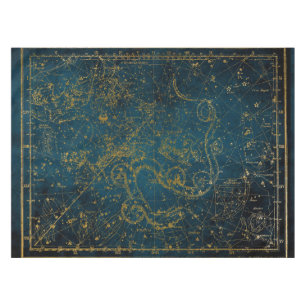 Alte illustrierte dunkelblaue und goldene Sternkar Tischdecke
