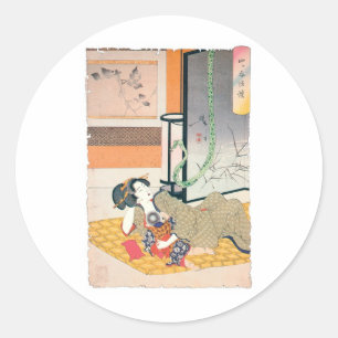 Alte japanische Malerei, Mutter und Baby Runder Aufkleber