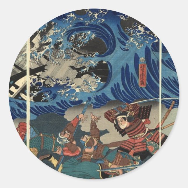 Alte japanische Malerei Samurai und Mongols Runder Aufkleber (Vorderseite)