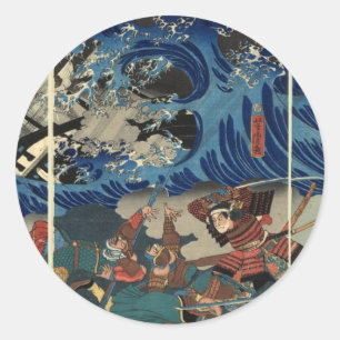 Alte japanische Malerei Samurai und Mongols Runder Aufkleber