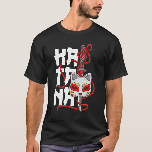 Alte japanische Maske Cherry Blossom Samurai Katan T-Shirt (Vorderseite)