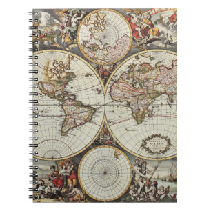 Alte Karte der Hemisphären der Welt. Erstellt von Notizblock