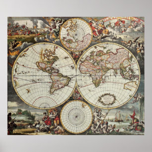 Alte Karte der Hemisphären der Welt. Erstellt von  Poster