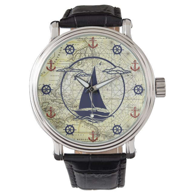 Alte Karte/Segelboot/Anker/Rad-Silhouette Armbanduhr (Vorderseite)