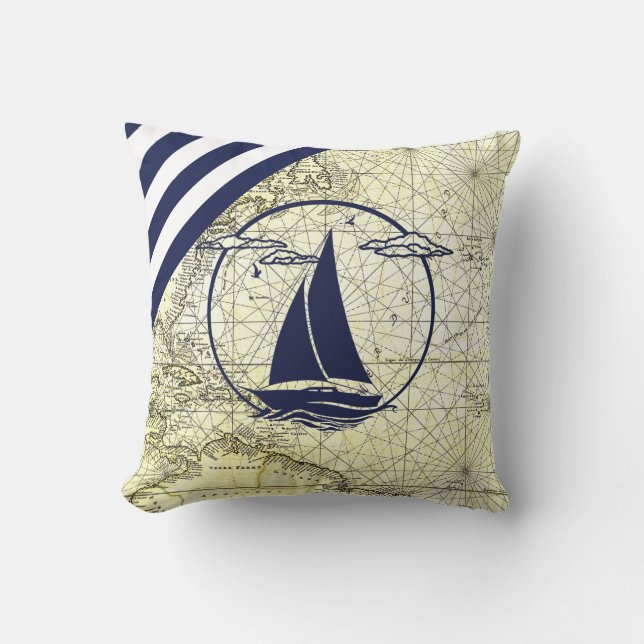 Alte Karte/Segelboot/Silhouette/Marineblau Kissen (Vorderseite)