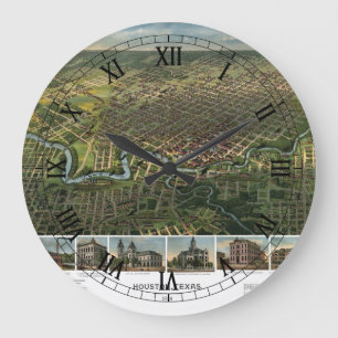 Alte Karte von Houston, Texas mit Buffalo River Große Wanduhr