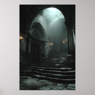 Alte Kathedrale Treppenweg Nebel Licht Poster