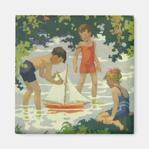 Alte Kinder spielen mit Segelbootspielzeug am Somm Magnet