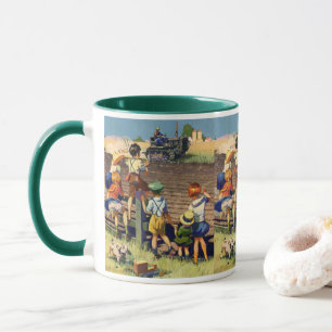 Alte Kinder winken einem örtlichen Bauern auf eine Tasse