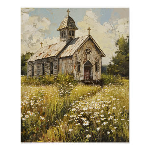 Alte Kirche auf einer Wiese Poster
