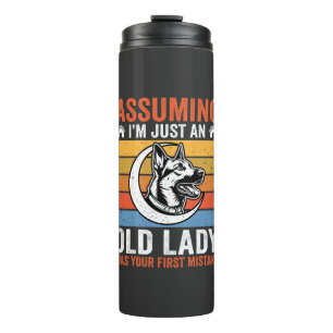 Alte Lady-Hund-Warnung Retro Thermosbecher