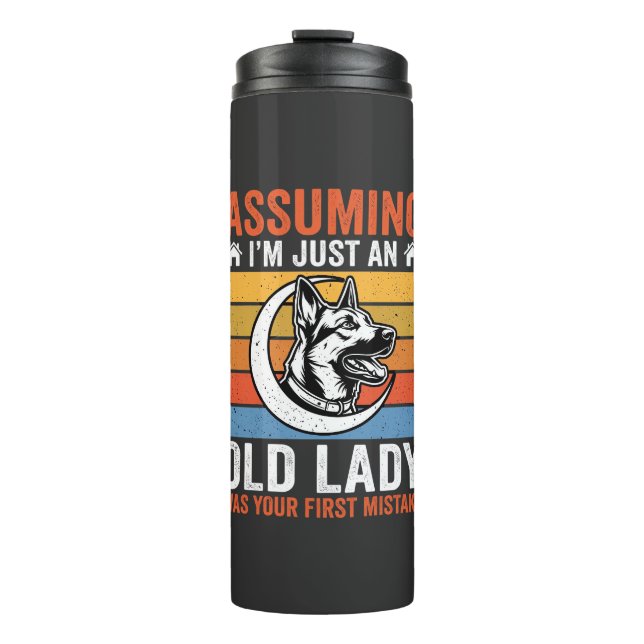 Alte Lady-Hund-Warnung Retro Thermosbecher (Vorderseite)