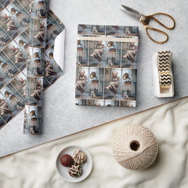 Alte Lady tanzt zu Gramophon Geschenkpapier (Kunsthandwerk)