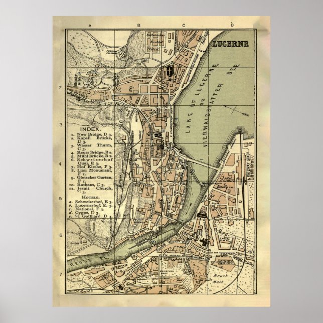 Alte Luzern Schweiz Karte (1887) Poster (Vorne)