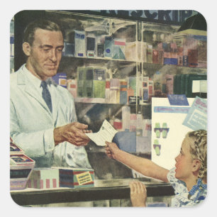 Alte Medizin, Apotheker und Mädchen in der Apothek Quadratischer Aufkleber