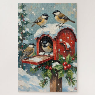 Alte Meisen am schneebedeckten Weihnachtspostkaste