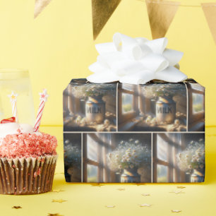 Alte Milchkanne mit Gänseblümchenstrauß Geschenkpapier