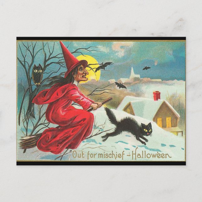 Alte Mode Halloween Hexe, Flying, Black Kitty Postkarte (Vorderseite)