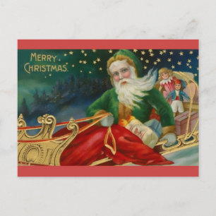 Alte Mode Santa in Green und Pelon in Sleigh Postkarte