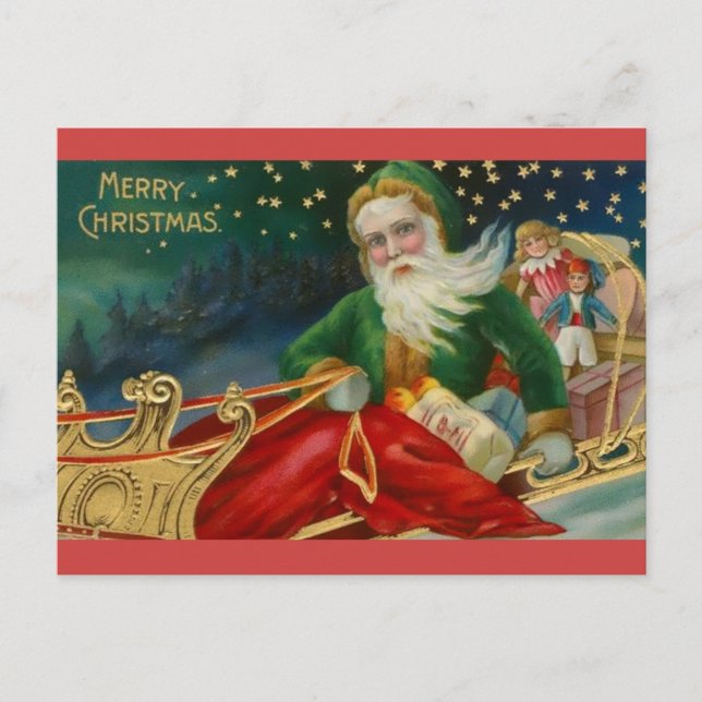 Alte Mode Santa in Green und Pelon in Sleigh Postkarte (Vorderseite)