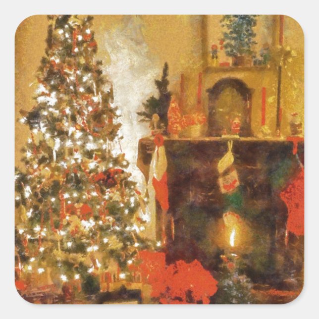 Alte Mode Weihnachtsbaum und Kamin Quadratischer Aufkleber (Vorderseite)