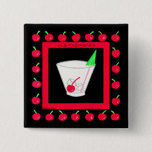 Alte modische Retro Drink Red Cherries auf schwarz Button