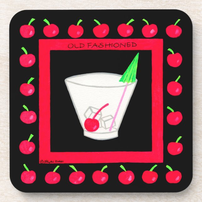 Alte modische Retro Drink Red Cherries auf schwarz Getränkeuntersetzer (Vorderseite)