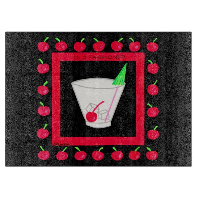 Alte modische Retro Drink Red Cherries auf schwarz Schneidebrett (Vorderseite)