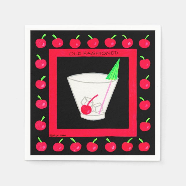Alte modische Retro Drink Red Cherries auf schwarz Serviette (Vorderseite)