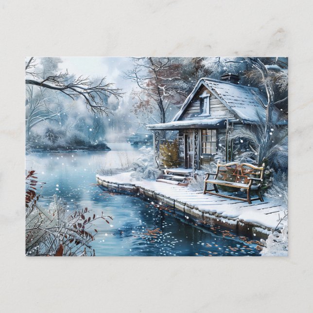 Alte Mühle am Frostischen Fluss im Winter Illustra Postkarte (Vorderseite)