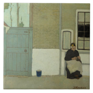 Alte niederländische Frau vor ihrem Haus (Jan Mank Fliese