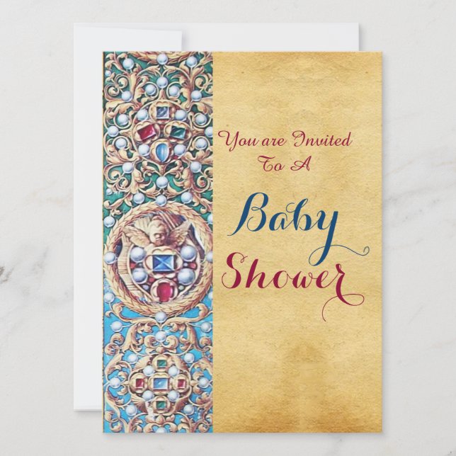 ALTE PARCHMENT GEMSTONS, PEARLS, ANGELS Babydusche Einladung (Vorderseite)